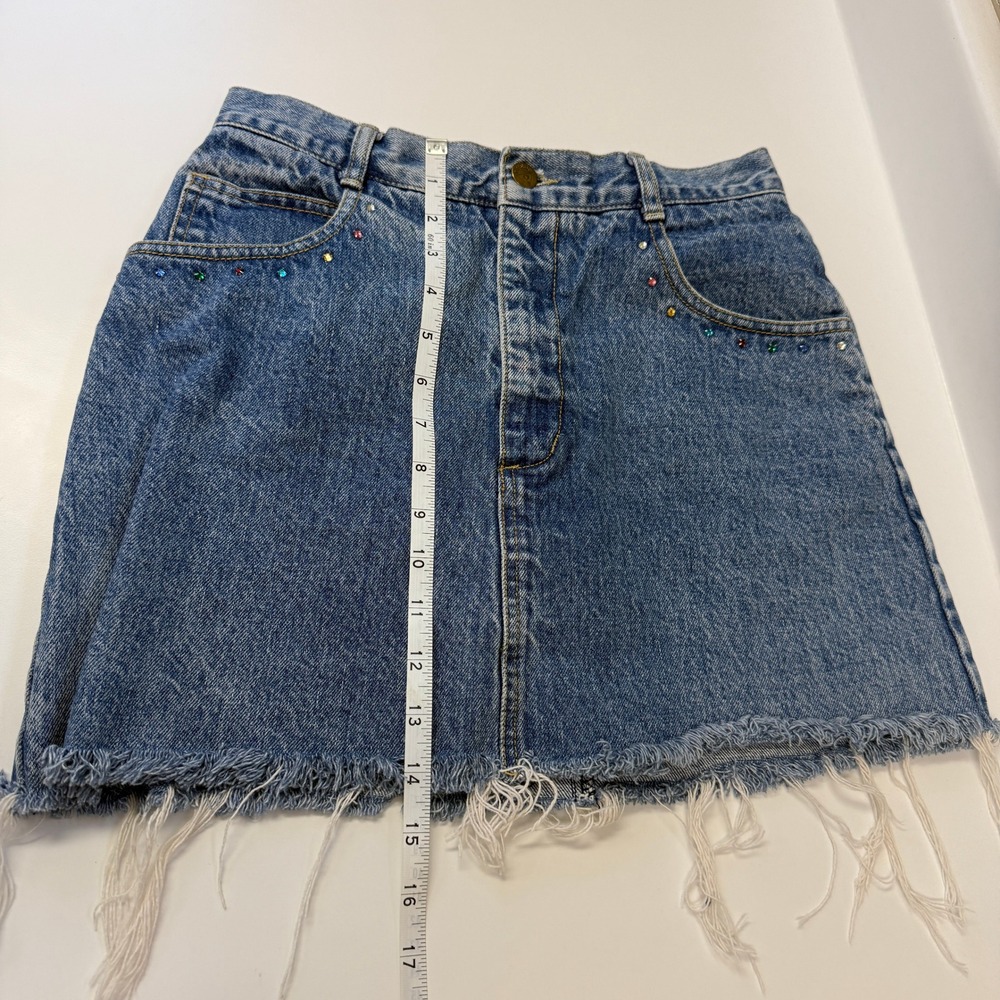Vintage 1980s Guess Marciano Denim Mini Skirt Size 30 Sparkle Festival Frayed - Picture 8 of 9